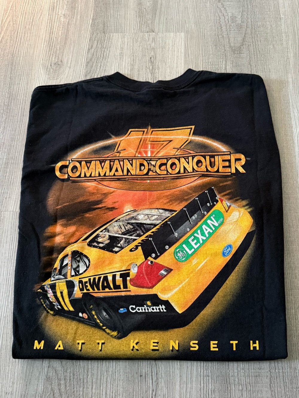 Vintage 2000s Anvil Black and Yellow Kenseth DeWALT Carhartt Racing Graphic Tee - Picture 2 of 6